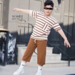 تیشرت شلوارک یقه کوبایی پسرانه رنگ کرم قهوه ای کد 181